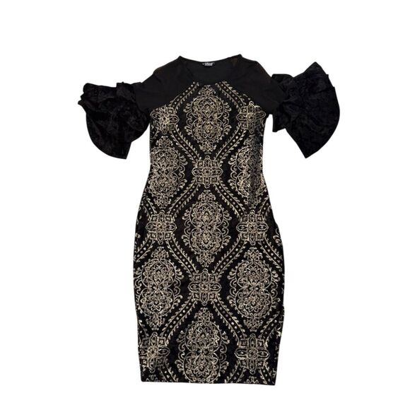 Venus Women's Black Sequin Puff Sleeve Dress Size S Party Cocktail Witchy Goth - Picture 1 of 13